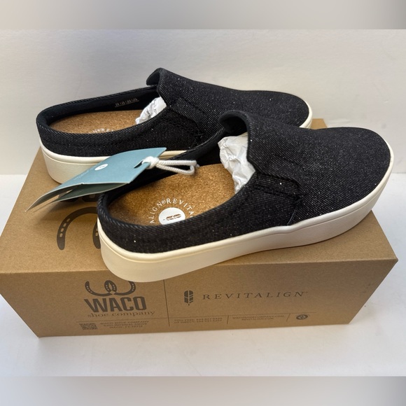 Revitalign Waco Shoe Co Orthotic Shimmer Black Denim Mules Sparrow Slide 6B - Picture 4 of 5